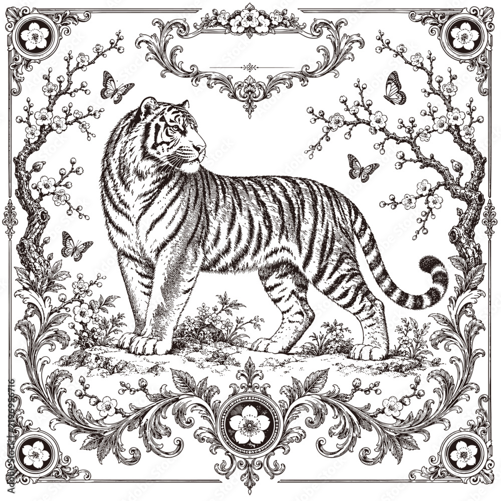 Fototapeta premium Tiger with Plum Blossoms in an Ornate Vintage Engraving Frame 