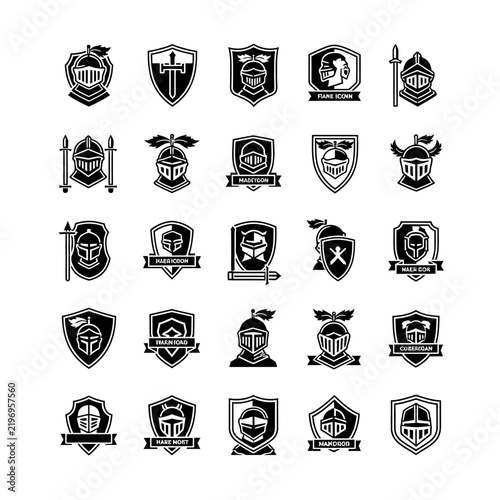 Medieval Knight Helmets and Shields Icons Set - Heraldry and Emblem Collection