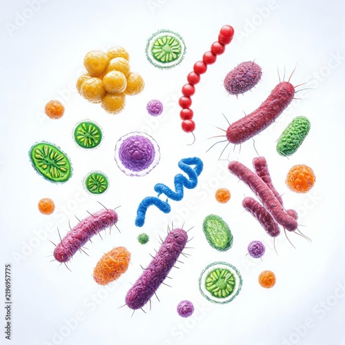 Colorful bacteria germs microbes cells collection on white background