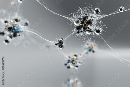 Interconnected tech particle network nodes data cloud gray background
