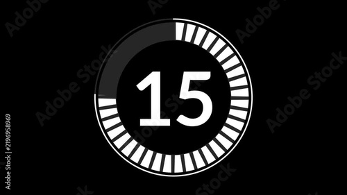 20 second segmented countdown timer on black background with rectangular progress ring. Modern 20 second circular countdown timer with segmented rectangle animation