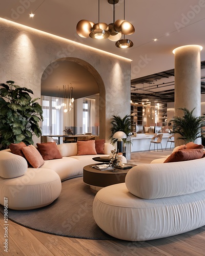 Modern luxury co-living interior, stylish shared lounge with modular sofas, Luxury Co-Living Interiors focused on shared lounges Urban Rental and Real Estate