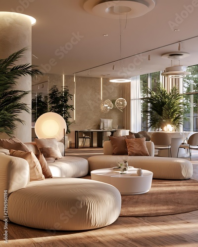 Modern luxury co-living interior, stylish shared lounge with modular sofas, Luxury Co-Living Interiors focused on shared lounges Urban Rental and Real Estate