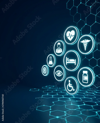 Glowing digital medical icons floating on abstract tech network background