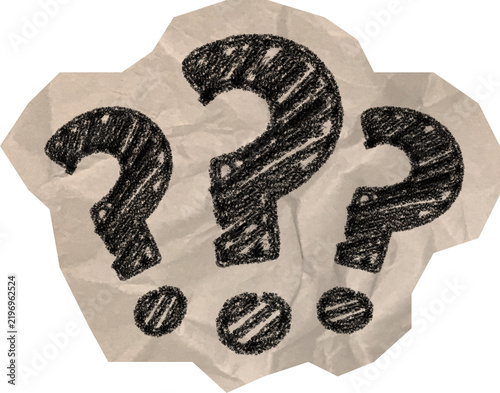 Hand drawn question marks rendered in black charcoal on textured paper