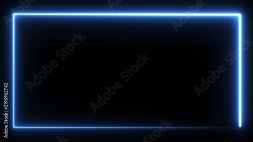 Abstract blue neon square frame animation featuring a glowing rectangular border, luminous light, smooth motion, and bright electric illumination against a dark background for modern digital design.