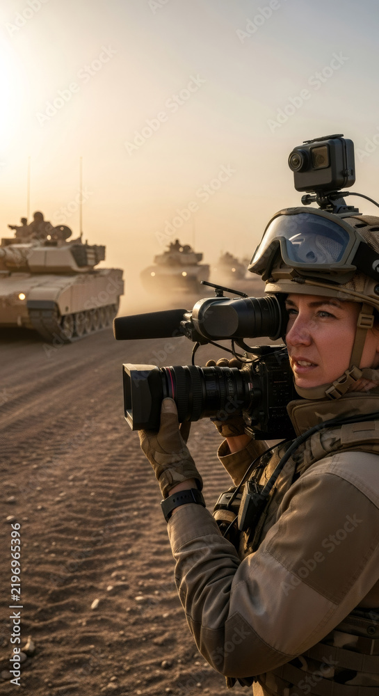 Obraz premium Woman journalist filming military armored tanks in desert. War reporter covering conflict. Battlefield journalism, news, documentary concept.