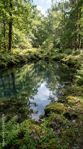 Tranquil forest pool reflecting the sky and lush green trees.