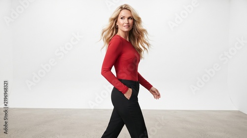 young woman in red dress