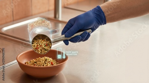 Individual in blue gloves mixing food in bowl to reduce event catering food waste with measured portioning techniques