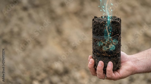 Hand holding a cylindrical soil core sample for demonstrating soil carbon sequestration and agricultural practices