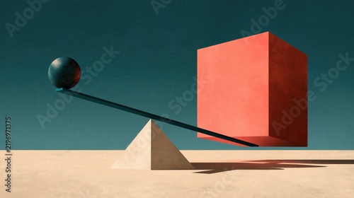 Minimal flat vector illustration of a very small ball outweighing a large coral cube on a seesaw balance, with generous copy space