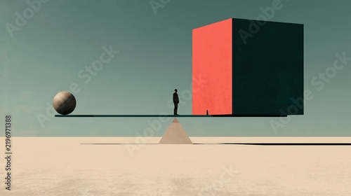 Minimal flat vector illustration of a very small ball outweighing a large coral cube on a seesaw balance, with a bold simple composition