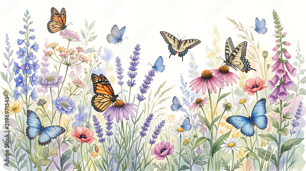 Obraz premium Watercolor illustration of colorful butterflies in a blooming meadow.