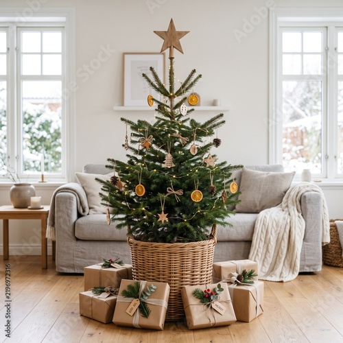 Eco friendly living Christmas tree in natural woven basket with wooden star topper, Scandinavian living room, kraft paper gifts, bright morning sunlight, festive decor