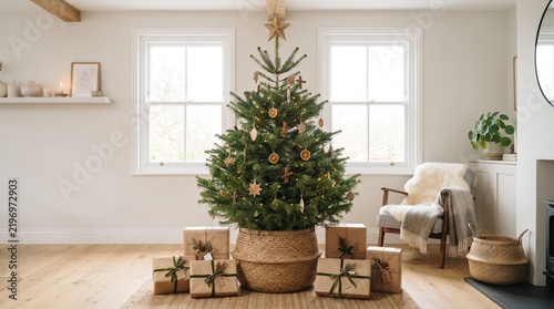 Eco friendly living Christmas tree in natural woven basket with wooden star topper, Scandinavian living room, kraft paper gifts, bright morning sunlight, festive decor