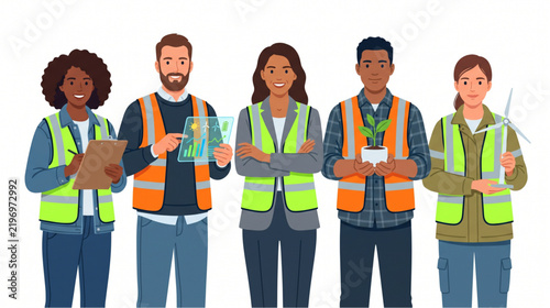 Diverse team of green energy engineers in high-visibility vests working together