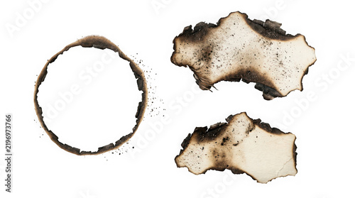 Burnt paper edges and circular scorched hole isolated on transparent background
