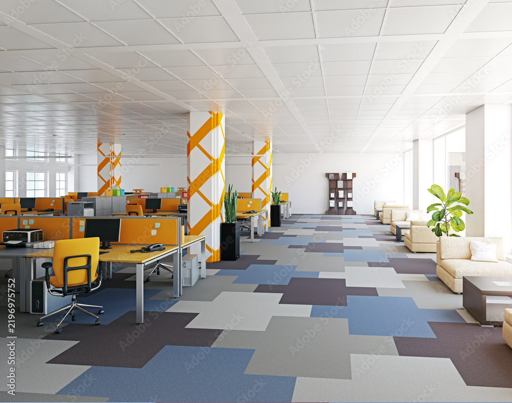 Obraz premium 3D render of a spacious open plan office interior with multiple workstations, orange chairs, lounge area, and columns.
