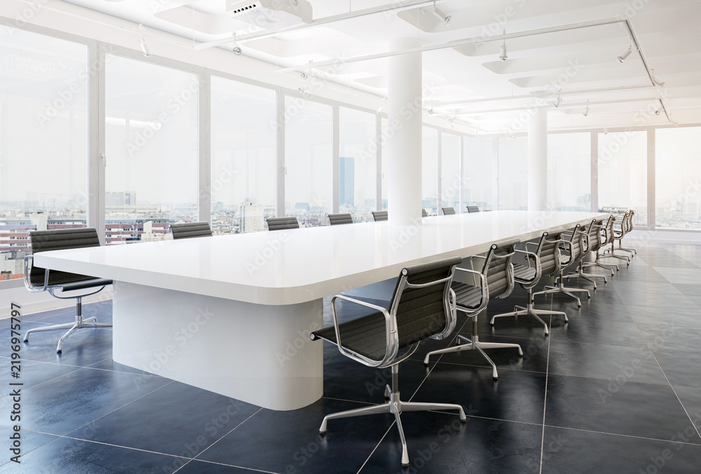 Obraz premium 3D render of a modern, empty corporate boardroom featuring a large white table, black chairs, and city view windows.