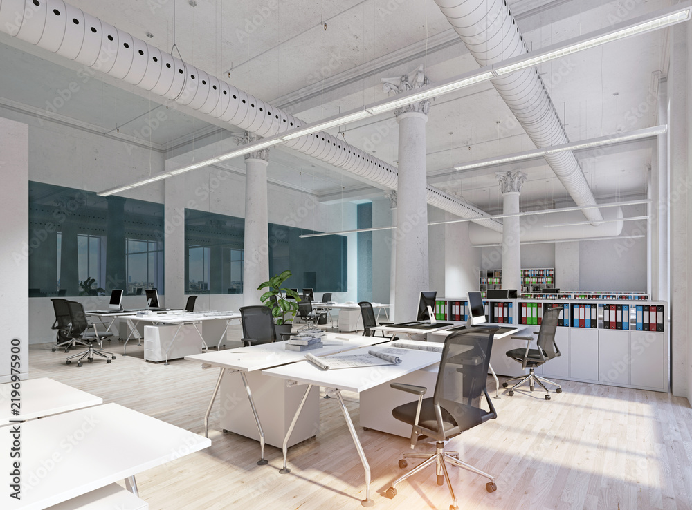 Obraz premium 3D render of a bright open-plan corporate office interior with white workstations, black chairs, columns and wood floors.
