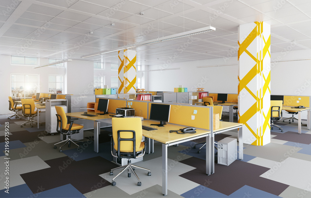 Obraz premium Open plan office interior featuring yellow chairs, desk dividers, patterned columns, and multi-colored carpet tiles.
