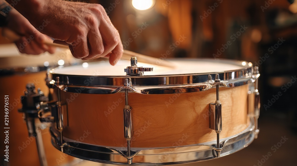 Obraz premium Pair of hands using drumsticks to play a natural woodfinish acoustic snare drum with chrome hardware