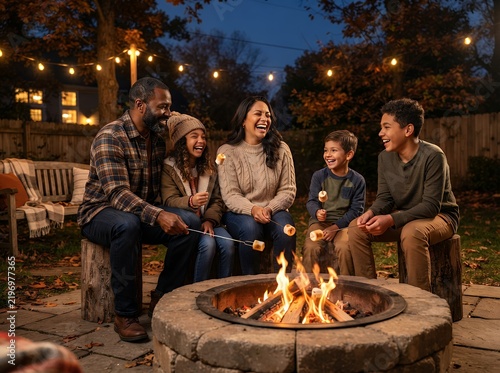 Family enjoying roasting marshmallows around a fire pit in the backyard at dusk.