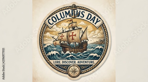 Vintage style columbus day emblem featuring a historic sailing ship, anchor, and compass, with text lore, discover, adventure