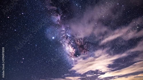 Star-filled night sky featuring the Milky Way galaxy partially obscured by wispy clouds, creating a celestial and atmospheric scene.