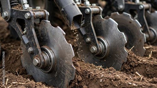 Close up of precision planter discs cutting soil for seeding