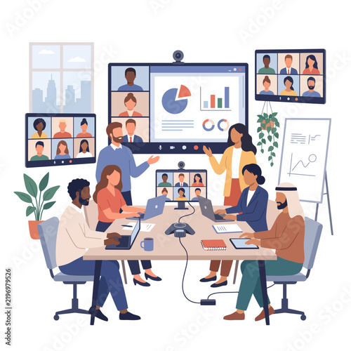 Diverse professional team collaborating in a hybrid office meeting using video call technology.