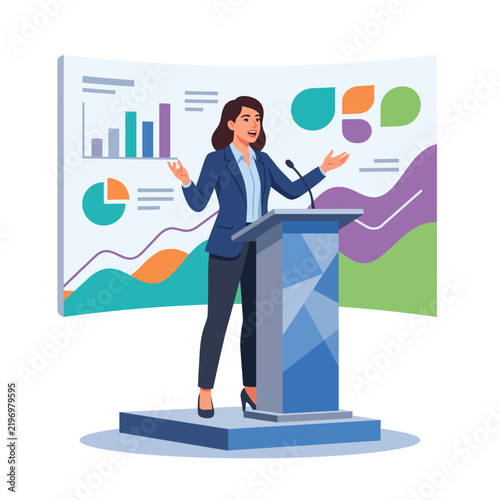 Confident businesswoman presenting data analysis reports on large screen during corporate seminar