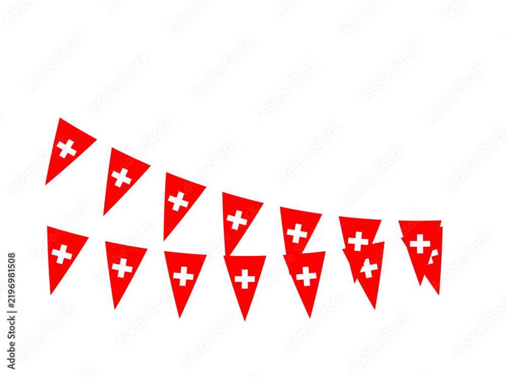 Fototapeta premium Swiss flag triangular bunting garland illustration isolated on white background festive party decoration