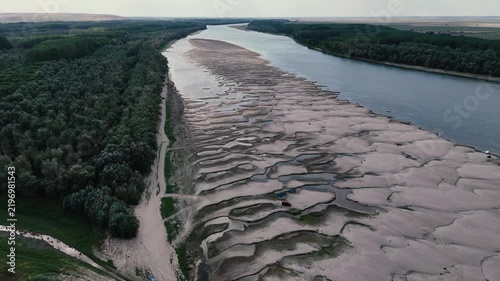 Drone footage with the Danube reaching record low levels during a dry and hot period in the summer of 2026 near Rasova, Romania.