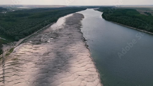 Drone footage with the Danube reaching record low levels during a dry and hot period in the summer of 2026 near Rasova, Romania.