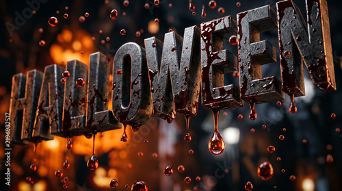 Halloween typography with blood droplets in dark, spooky setting  
