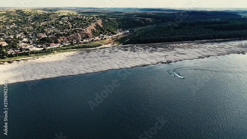 Drone footage with the Danube reaching record low levels during a dry and hot period in the summer of 2026 near Rasova, Romania.