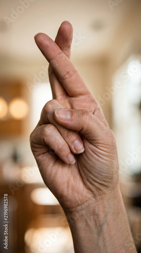 Close-up of hand forming ASL letter sign with fingers crossed  
