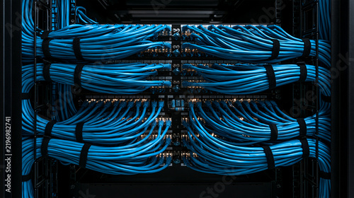 Rows of blue ethernet cables are neatly organized in a network server rack. Ideal for data center, telecommunications, and internet technology concepts.