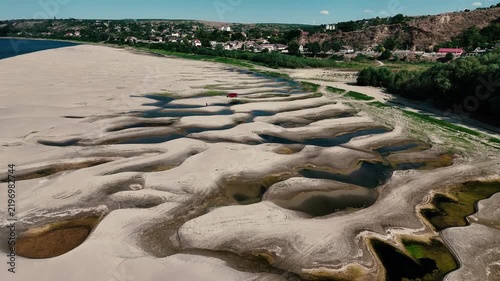 Drone footage with the Danube reaching record low levels during a dry and hot period in the summer of 2026 near Rasova, Romania.