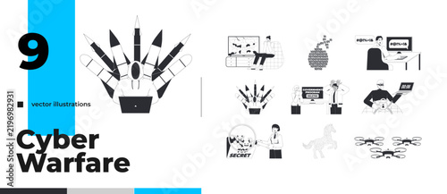 Cyber warfare and digital security line illustration concept pack. Nuclear news. Online radicalization. Government disruption. Hacker outline 2D characters isolated. Flat cartoon vector metaphor set