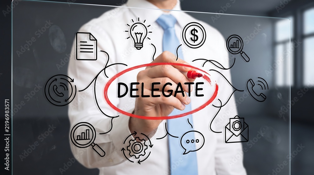 © HASSAN - Business delegation concept with professional manager surrounded by communication and management icons