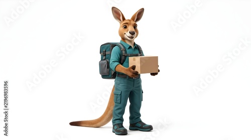 Friendly anthropomorphic kangaroo holding a delivery package, representing courier services, online shopping, logistics, and parcel delivery.