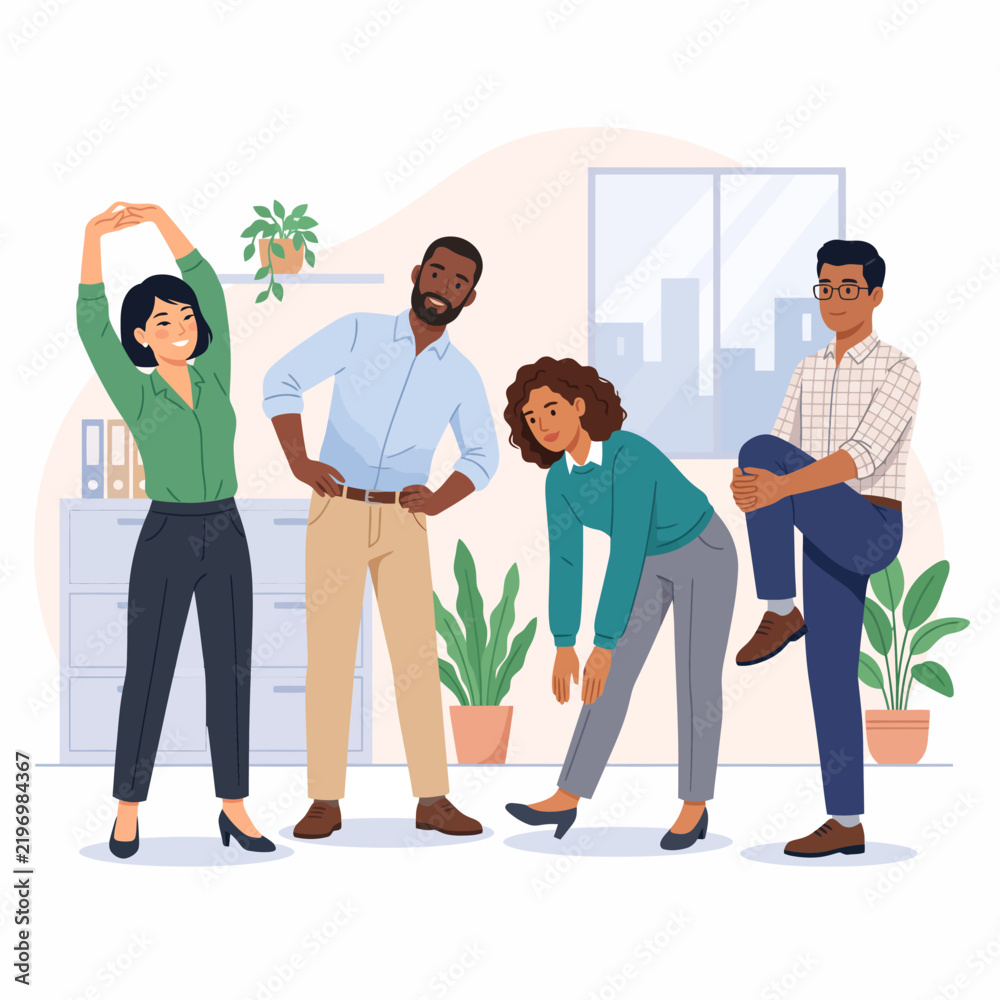 Fototapeta premium Multicultural office team practicing physical stretches during work break for employee wellness