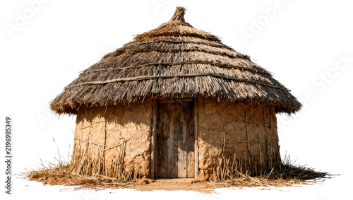 Cuadro en lienzo Traditional thatched mud hut with wooden door, isolated on transparent backgroun