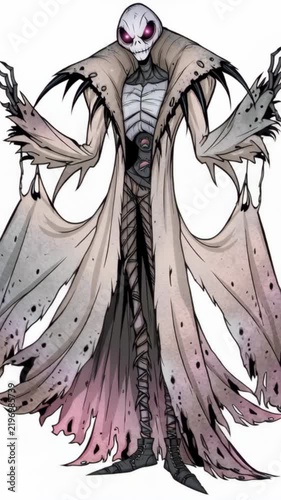 Halloween ghoul character with glowing eyes, skeletal face, tattered long coat, clawed hands, and dark fantasy animation style, isolated on a white background.