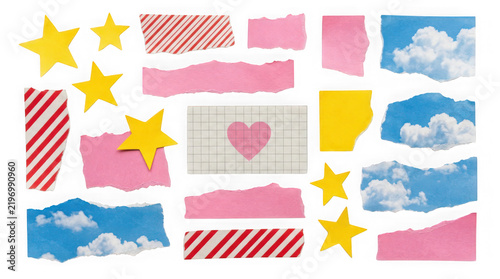 Set of various torn paper pieces with sky, stars and heart patterns isolated on transparent background