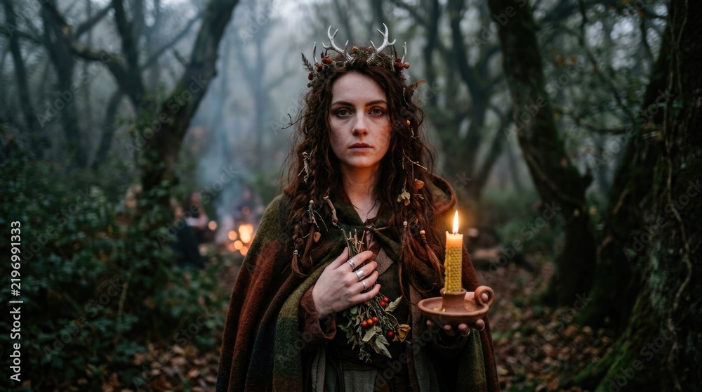 Obraz premium Celtic druid woman celebrating traditional samhain holiday, holding burning candle during autumn pagan ritual, wearing antler crown and wool cloak inside foggy forest.