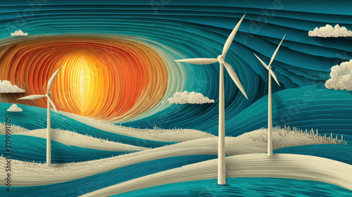 Layered paper cut art depicting renewable energy future
